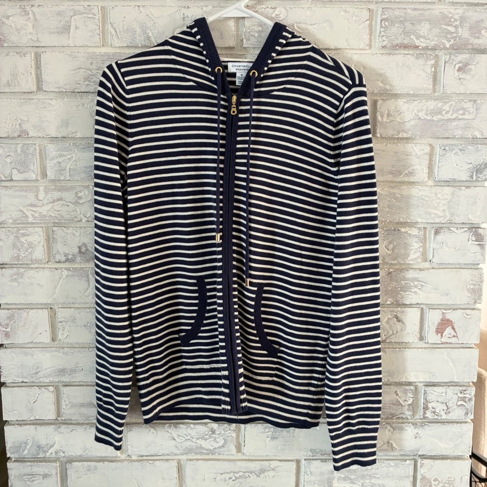 Charter Club Weekend Navy White Striped Full Zip Knit Hoodie Sweater Medium